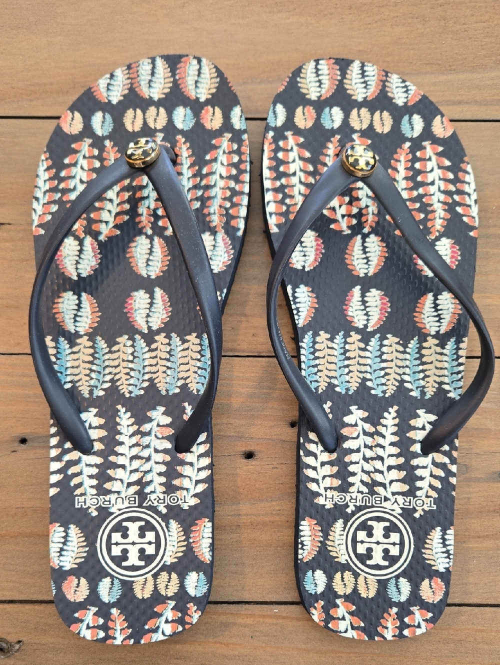Tory Burch Navy Multicolor Botanical Logo Flip Flops